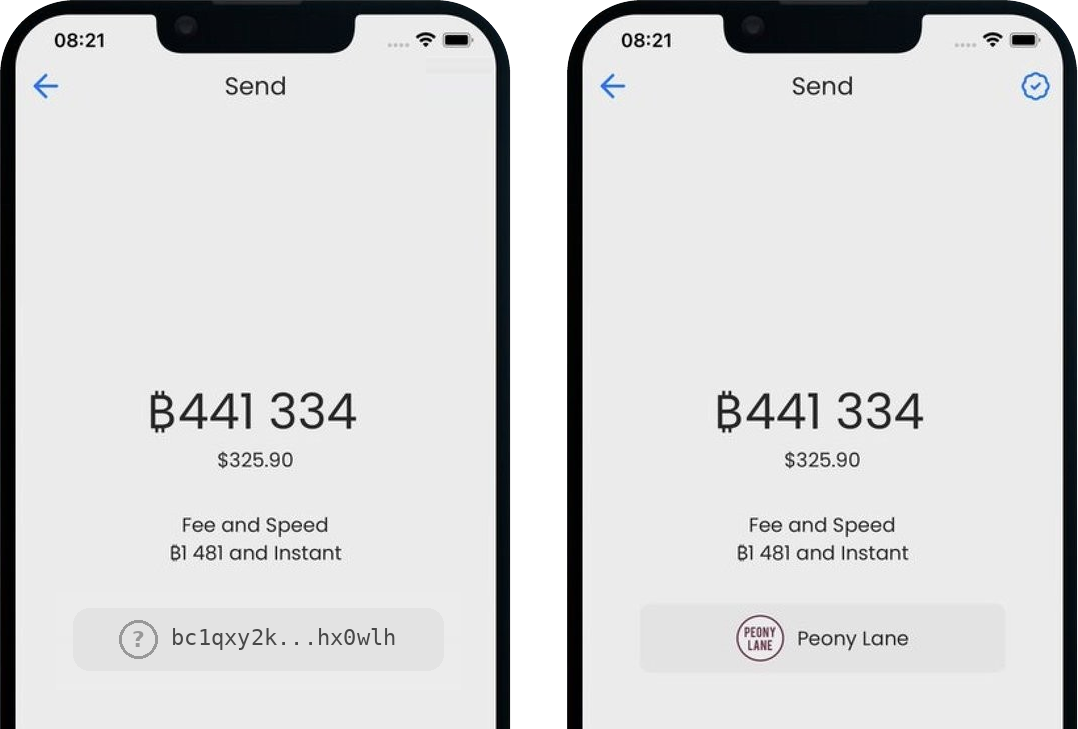 Two identical Bitcoin wallet send screens side by side: on the left the destination is a truncated raw address, bc1qxy2k...hx0wlh; on the right the same payment shows the verified business name and logo.